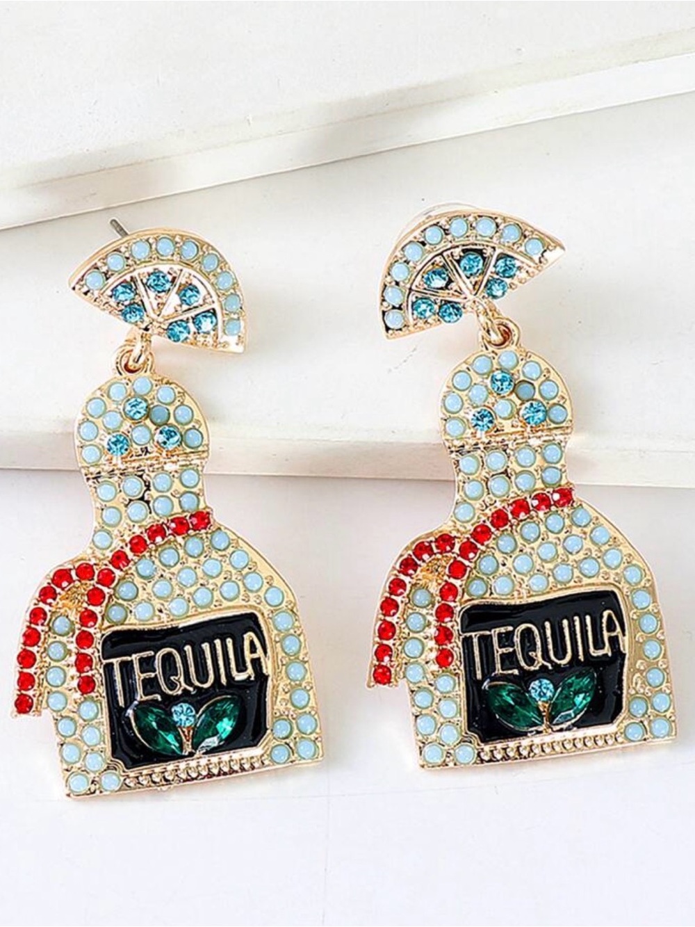 Tequila Bottle Drop Earrings — Light Blue & Red Statement Jewelry